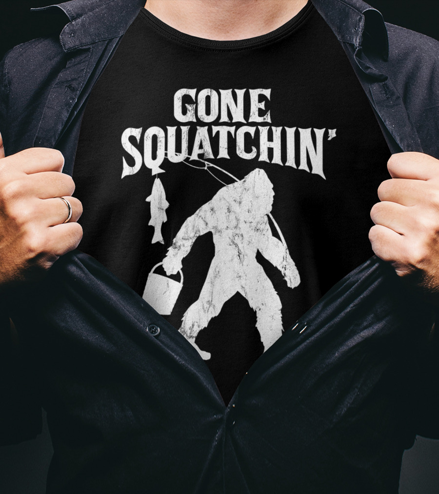 Gone Squatchin Bigfoot Fishing Pole Bucket Fish T-Shirt