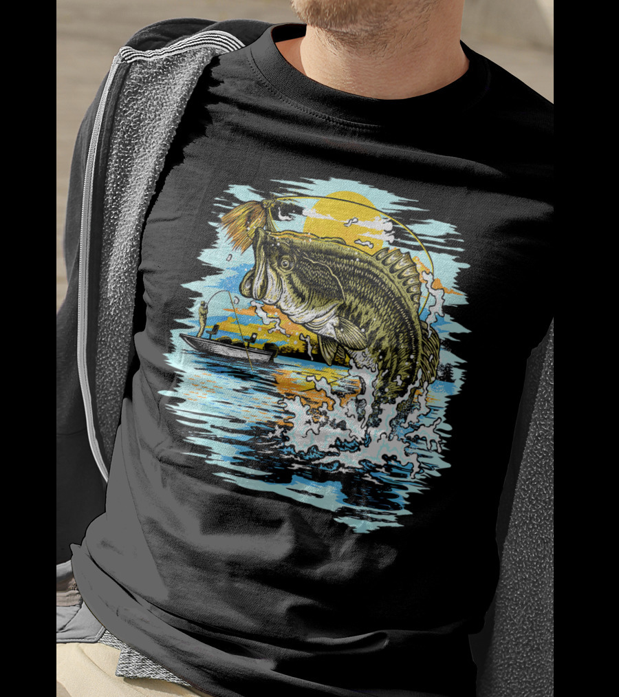 Large Mouth Bass Catching Fly Fishing Adventure In Scenic Lake Sunrise T-Shirt