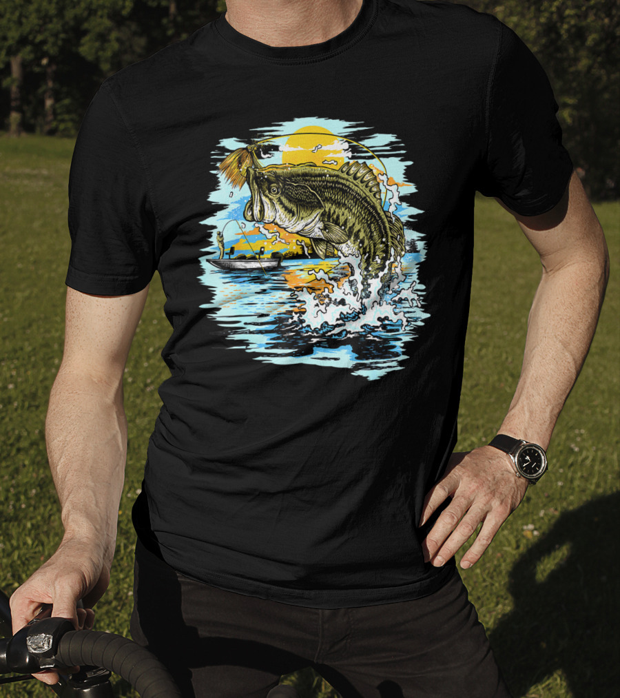 Large Mouth Bass Catching Fly Fishing Adventure In Scenic Lake Sunrise T-Shirt
