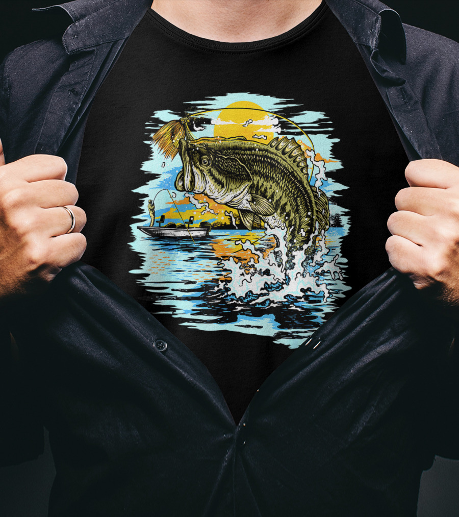 Large Mouth Bass Catching Fly Fishing Adventure In Scenic Lake Sunrise T-Shirt