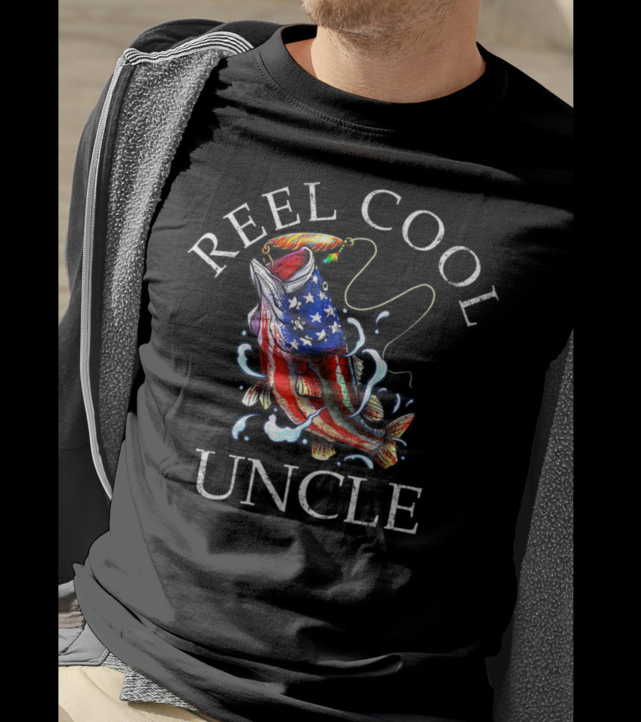 Reel Cool Uncle Fishing Patriotic American Flag Fish T-Shirt