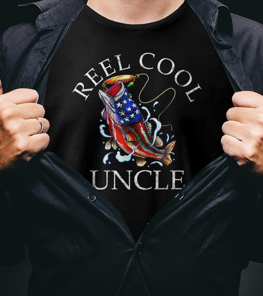 Reel Cool Uncle Fishing Patriotic American Flag Fish T-Shirt