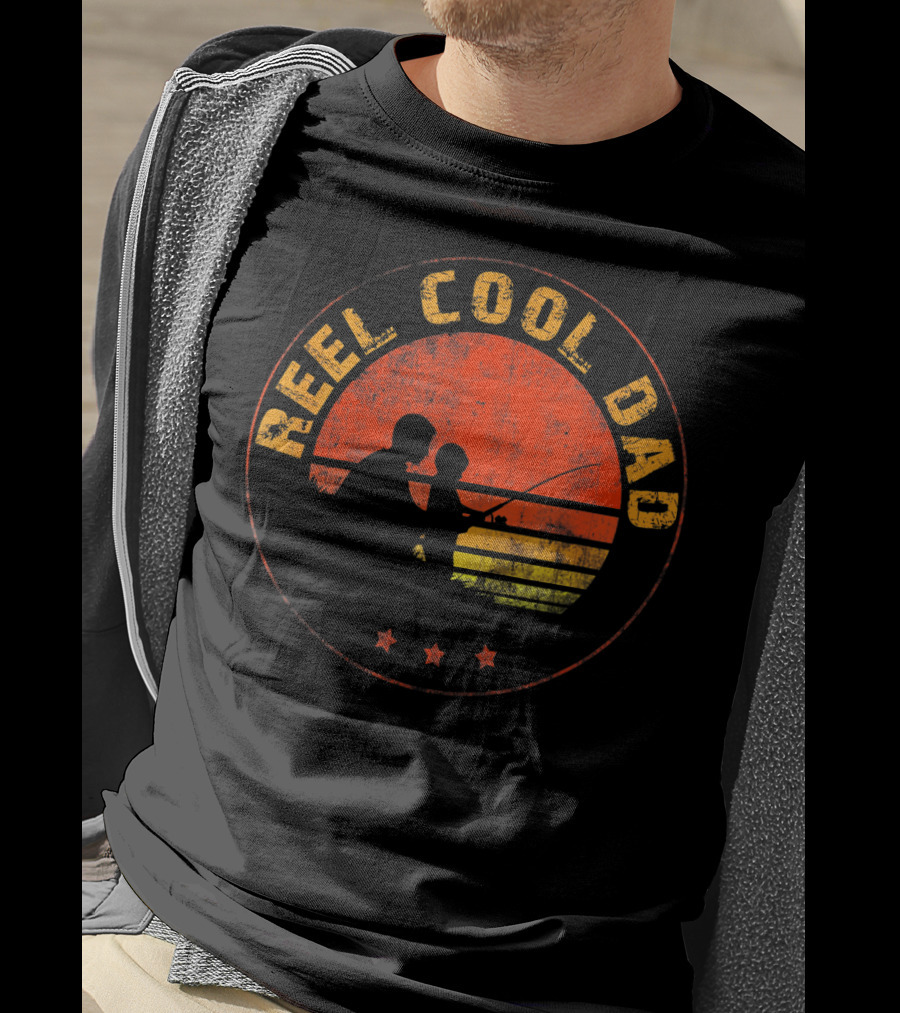 Reel Cool Dad Vintage Sunset Fishing Father And Child T-Shirt