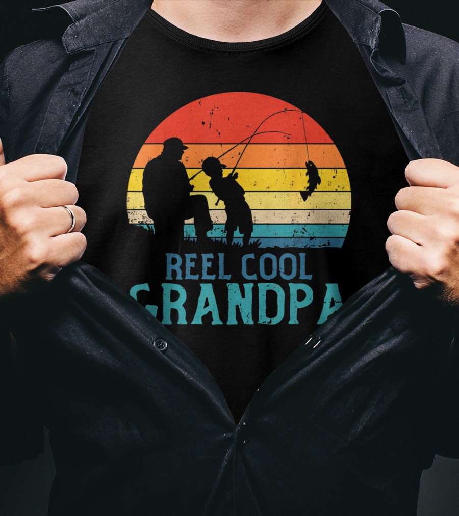 Reel Cool Grandpa Fishing Sunset T-Shirt
