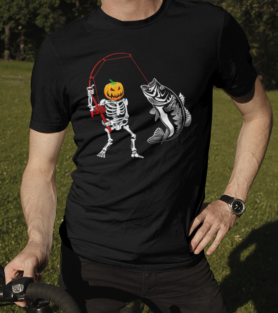 Halloween Pumpkin Skeleton Fishing With Bass Catch T-Shirt
