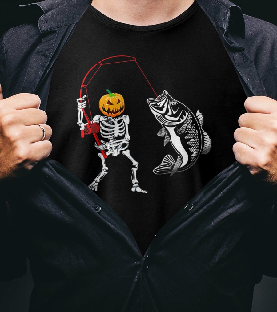 Halloween Pumpkin Skeleton Fishing With Bass Catch T-Shirt