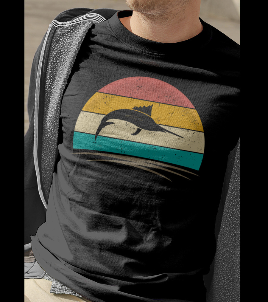 Swordfish Vintage 70s Deep Sea Fishing Retro Sunset T-Shirt