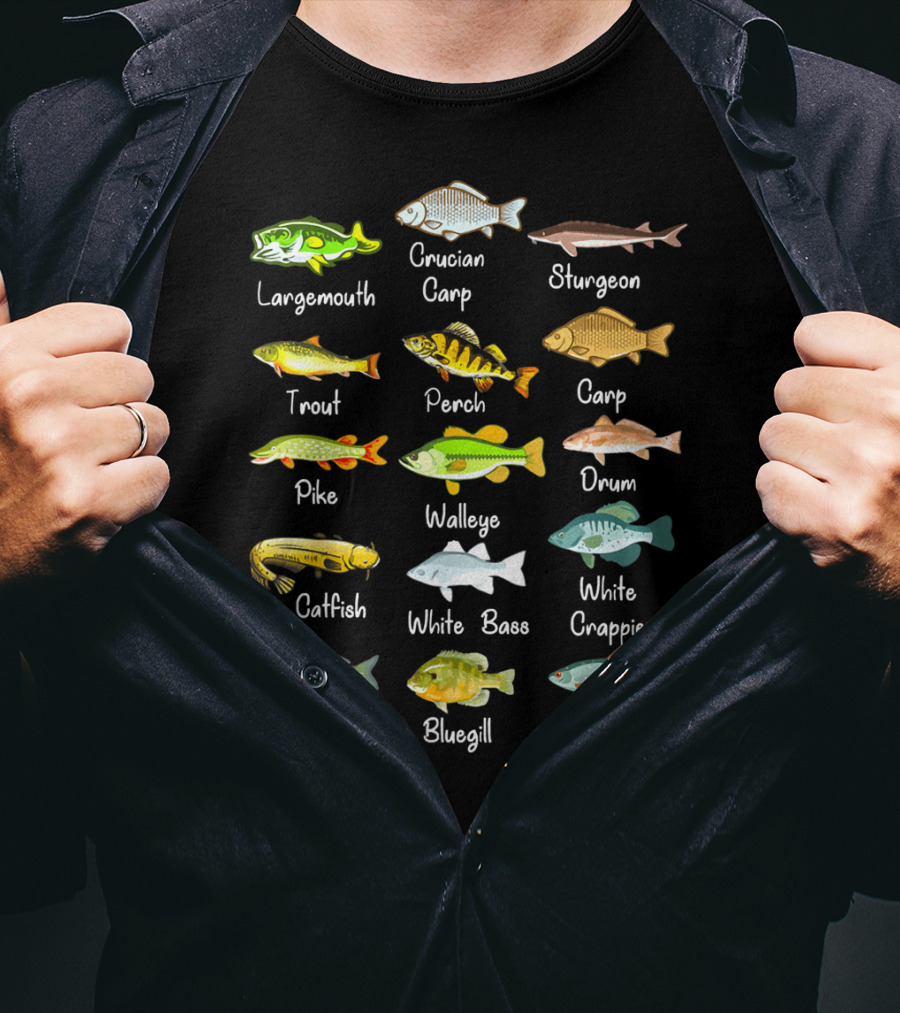 Freshwater Fish Species: Largemouth, Crucian Carp, Sturgeon, Trout, Perch, Carp, Pike, Walleye, Drum, Catfish, White Bass, White Crappie, Buffalo, Bluegill, Roachfish T-Shirt