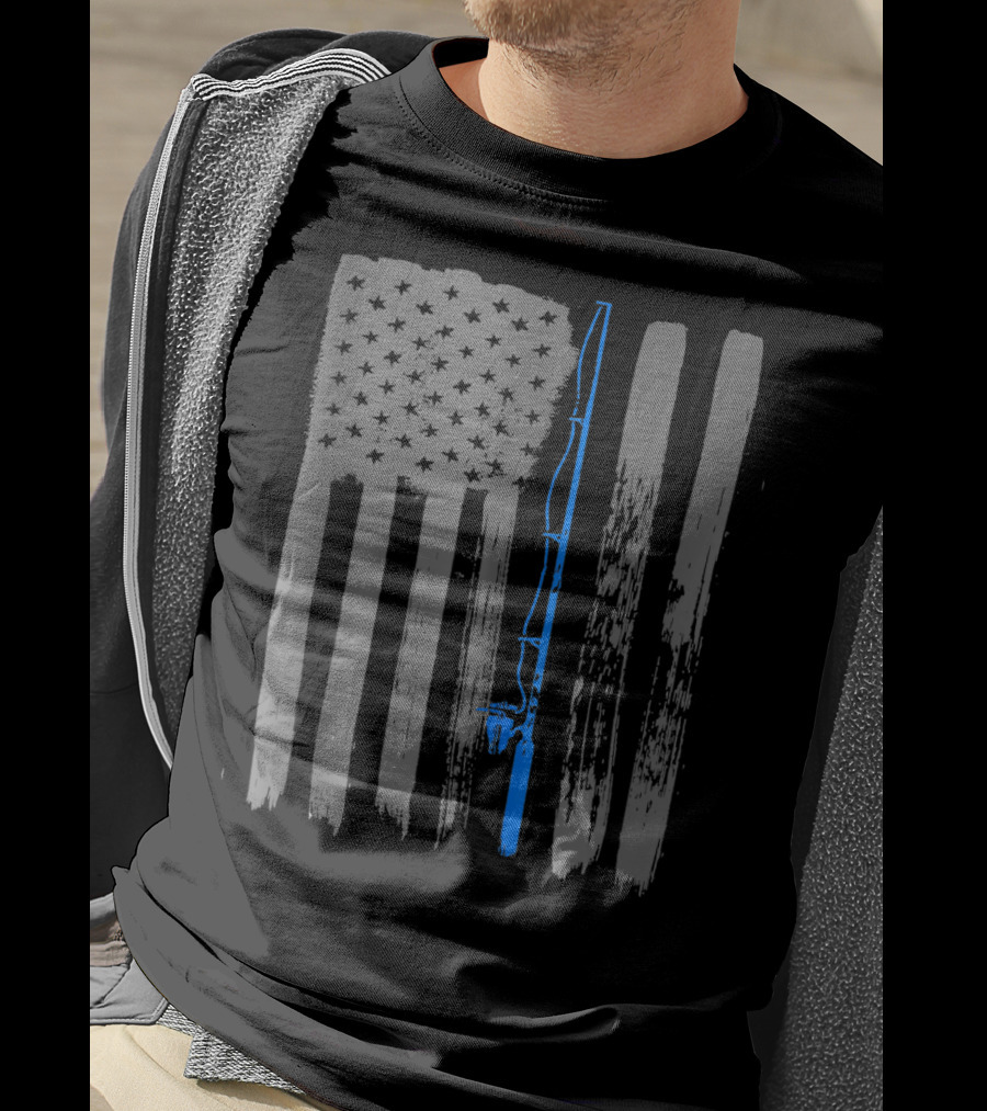 Vintage American Flag Fishing Pole Blue Line T-Shirt