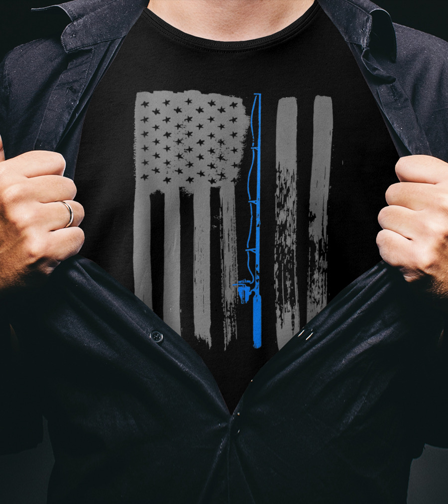 Vintage American Flag Fishing Pole Blue Line T-Shirt