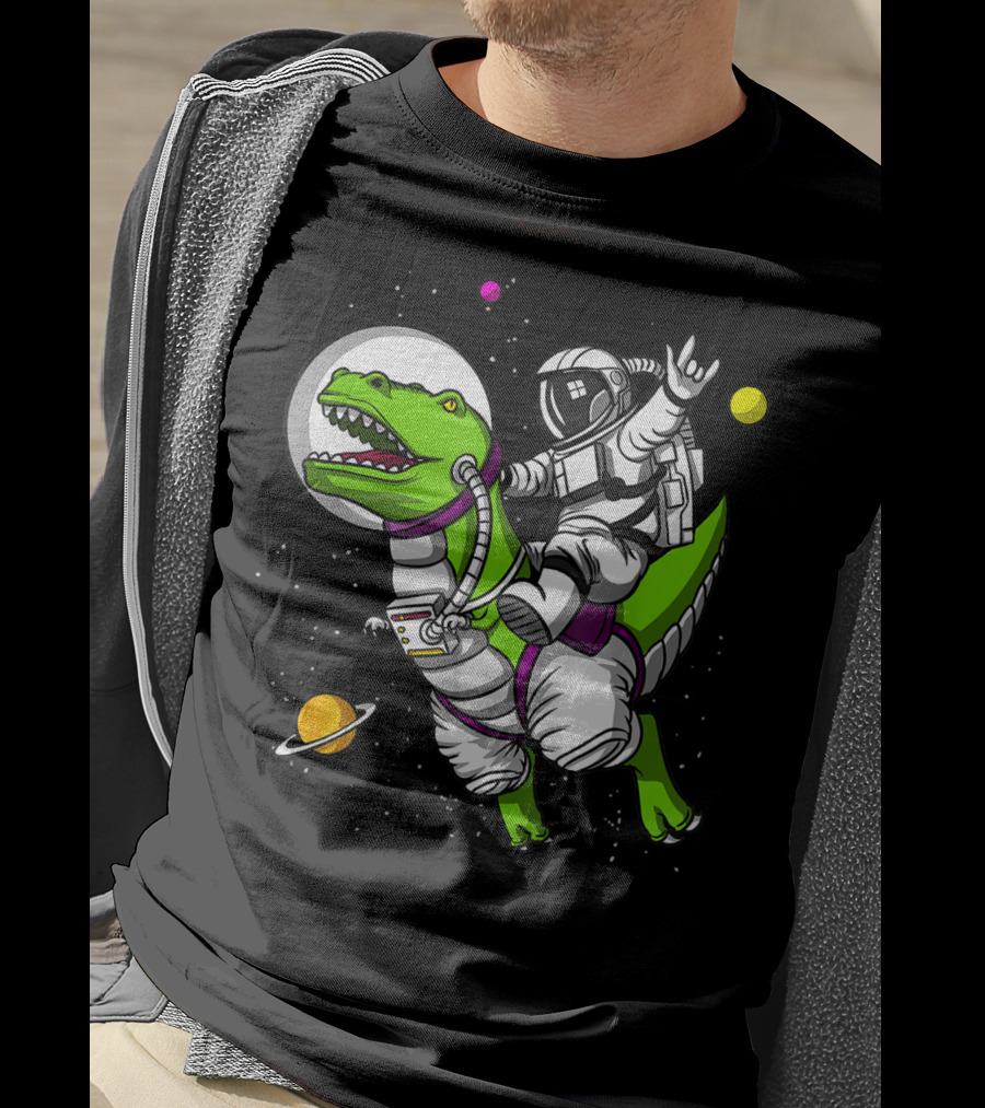 Astronaut Riding TRex Dinosaur In Outer Space With Planets T-Shirt