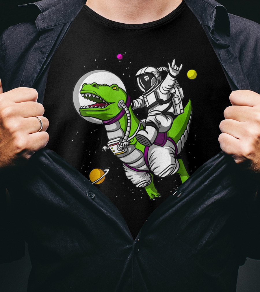 Astronaut Riding TRex Dinosaur In Outer Space With Planets T-Shirt