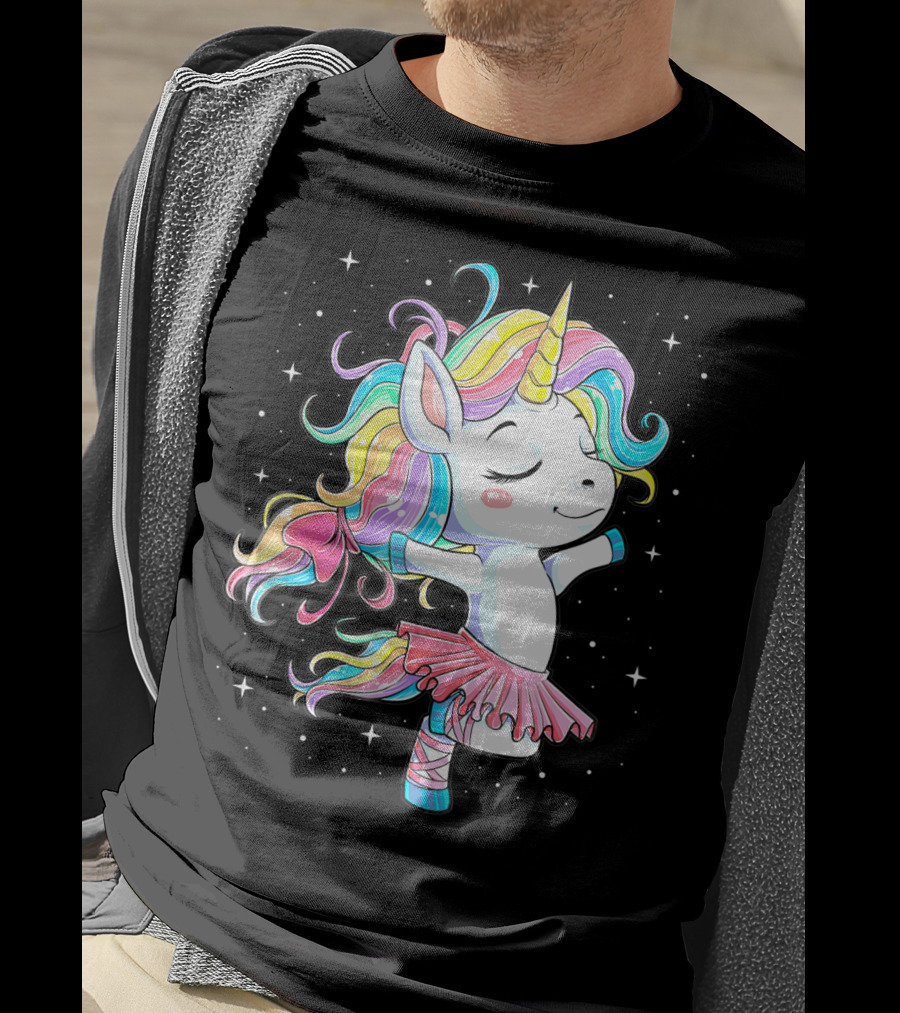 Ballet Dancer Unicorn Kids Girls Rainbow Ballerina Twirling Among Stars T-Shirt