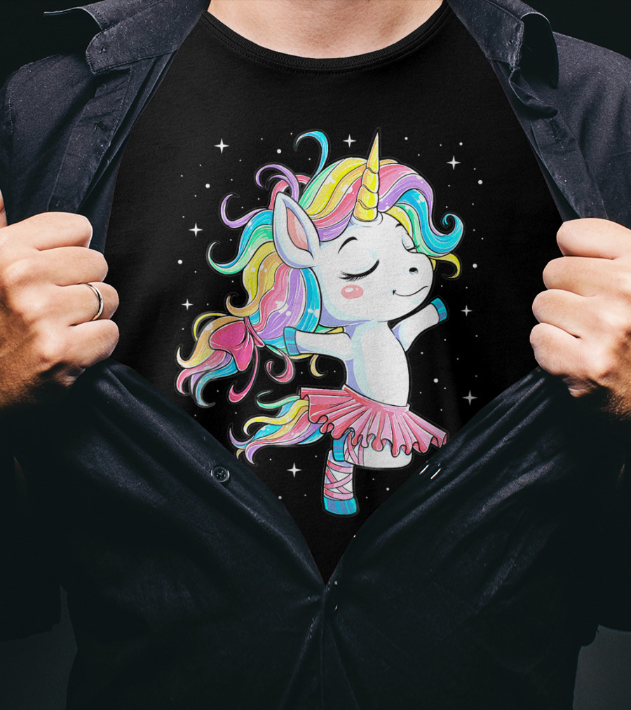 Ballet Dancer Unicorn Kids Girls Rainbow Ballerina Twirling Among Stars T-Shirt