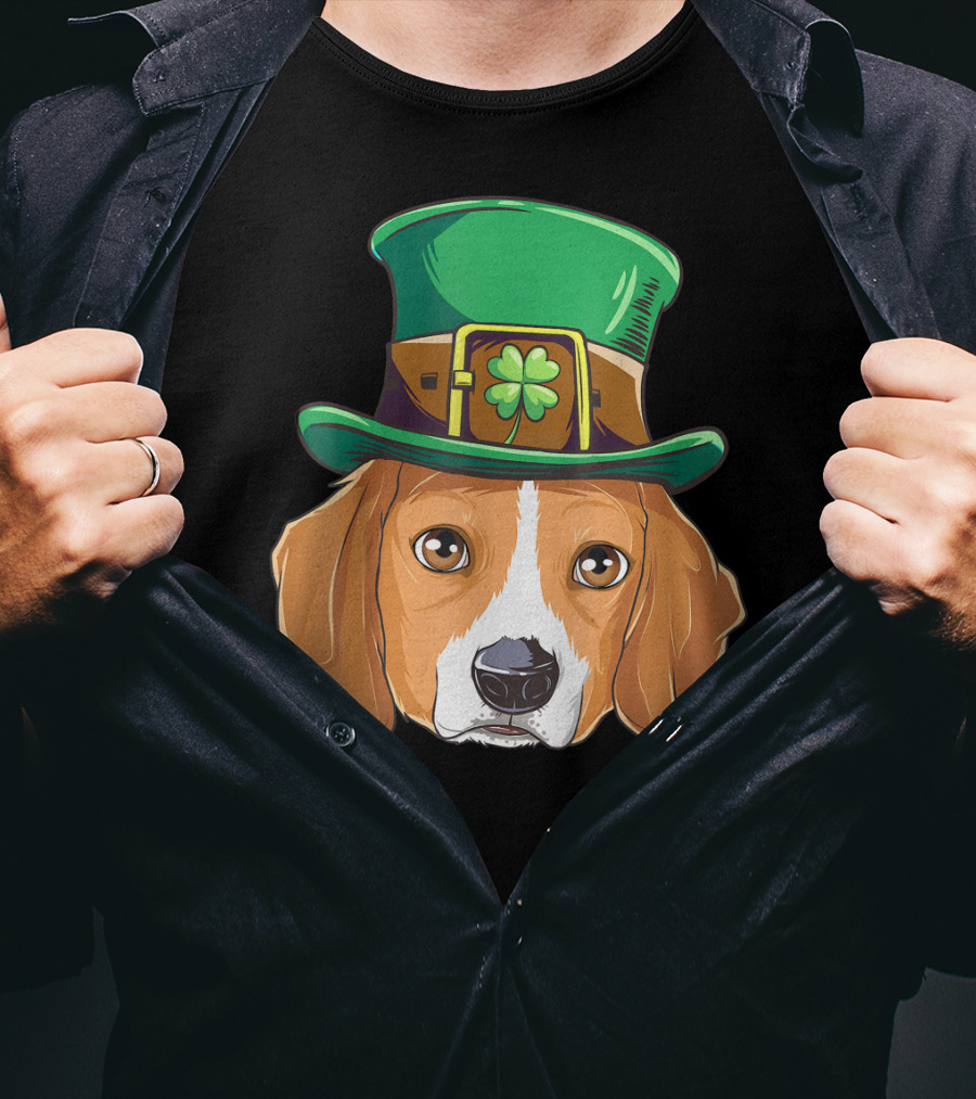 Beagle Wearing Leprechaun Hat With Shamrock T-Shirt