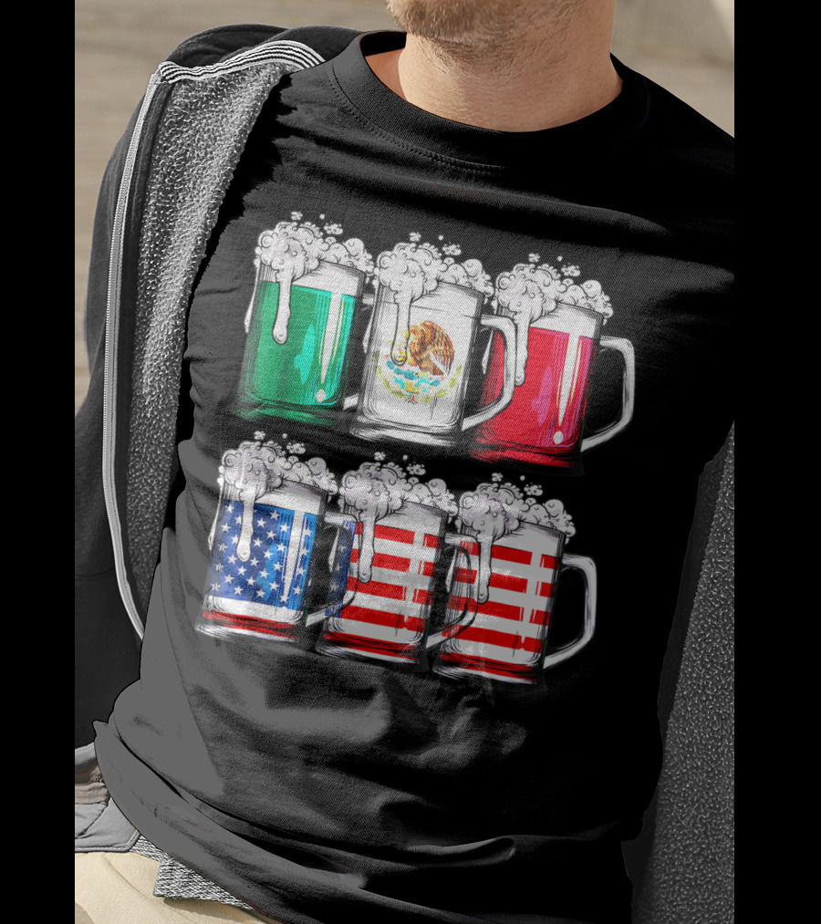 Beer Mugs Mexican American Flags Cinco De Mayo T-Shirt
