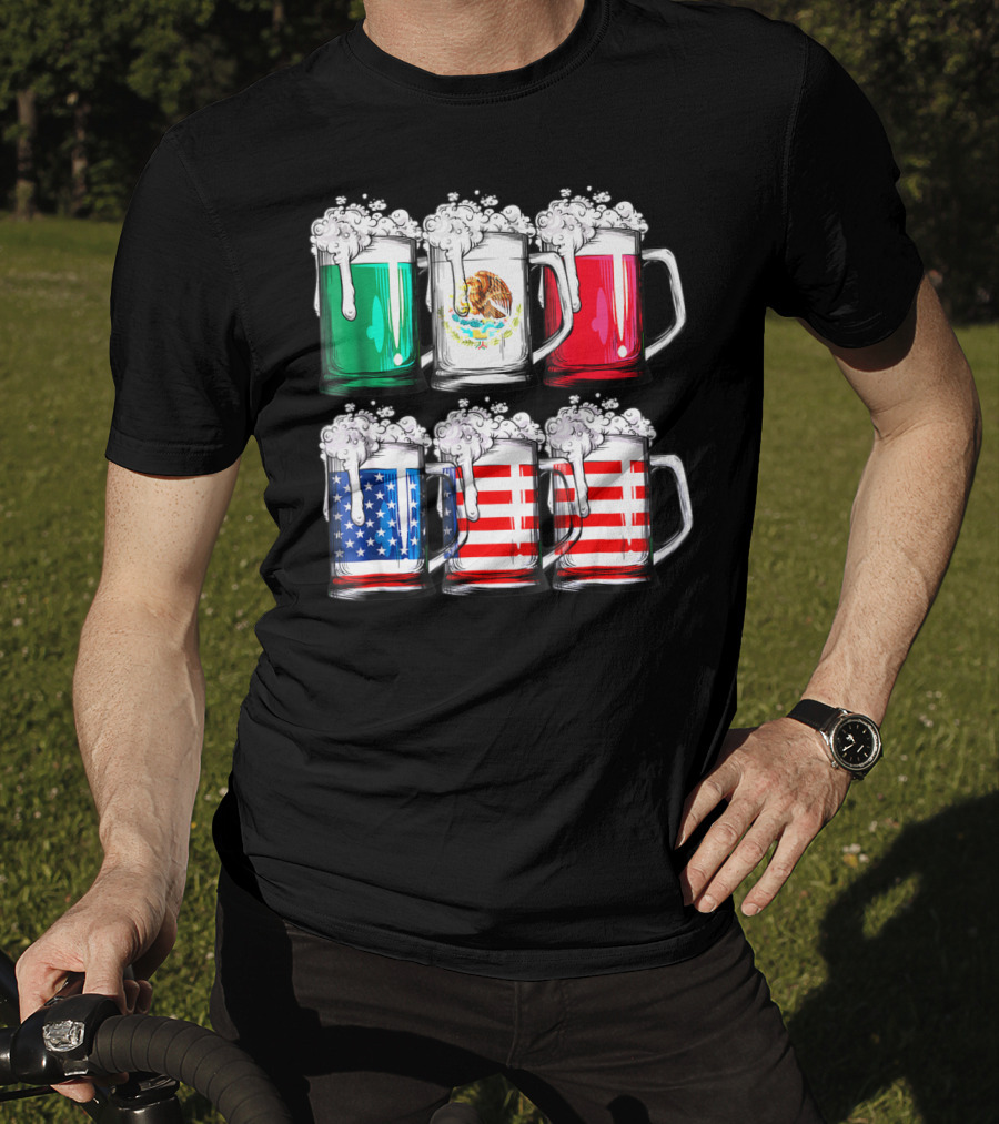 Beer Mugs Mexican American Flags Cinco De Mayo T-Shirt