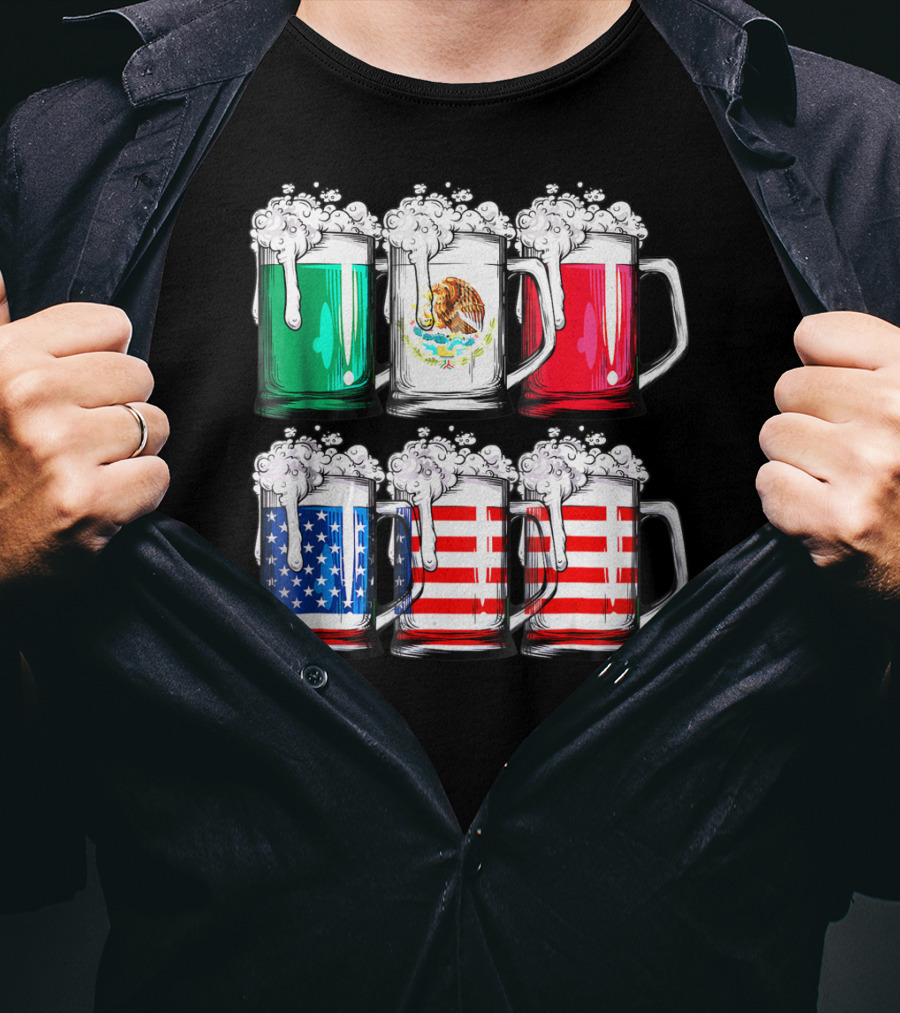 Beer Mugs Mexican American Flags Cinco De Mayo T-Shirt