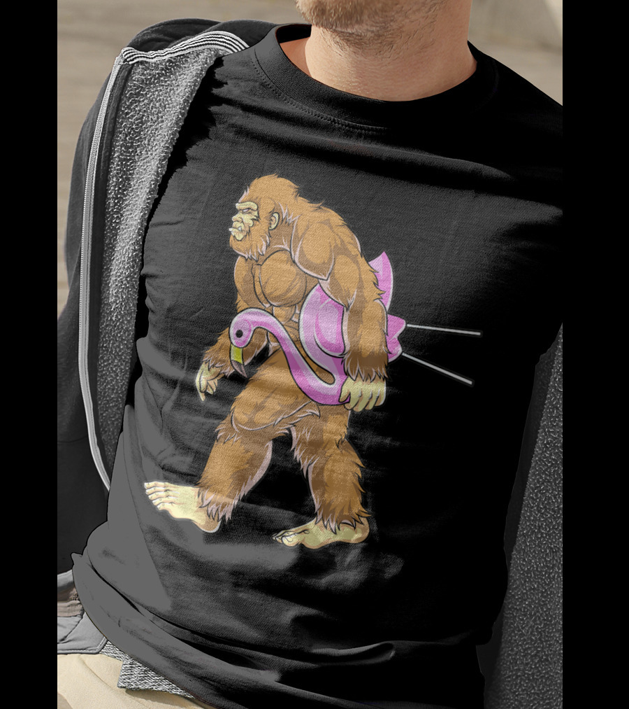 Bigfoot Carrying Pink Lawn Flamingo Humorous Sasquatch Image T-Shirt