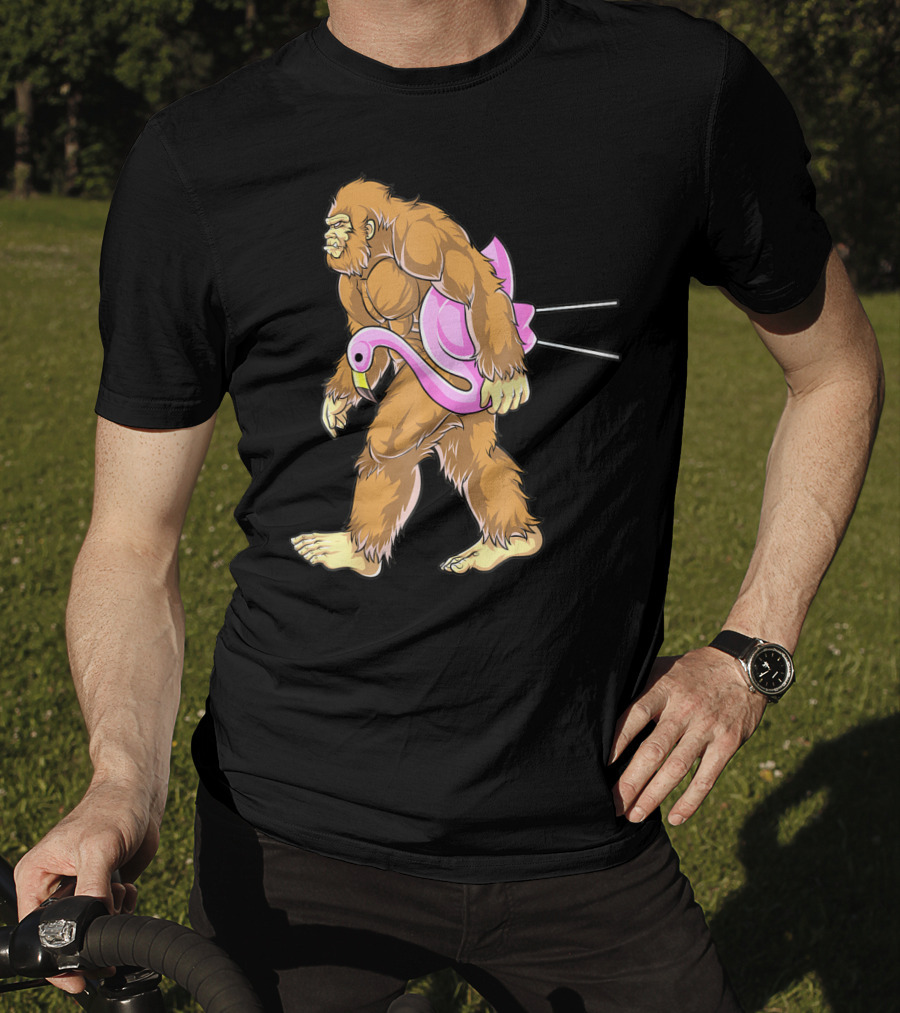 Bigfoot Carrying Pink Lawn Flamingo Humorous Sasquatch Image T-Shirt