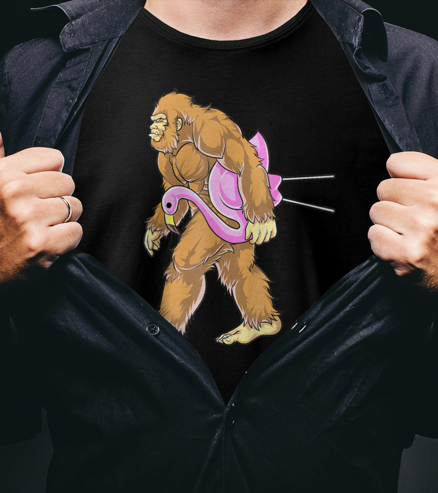 Bigfoot Carrying Pink Lawn Flamingo Humorous Sasquatch Image T-Shirt