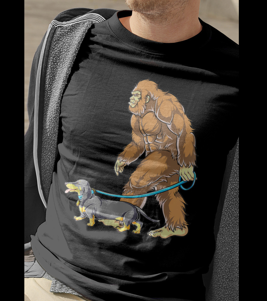 Bigfoot Sasquatch Walking Dachshund Dog T-Shirt