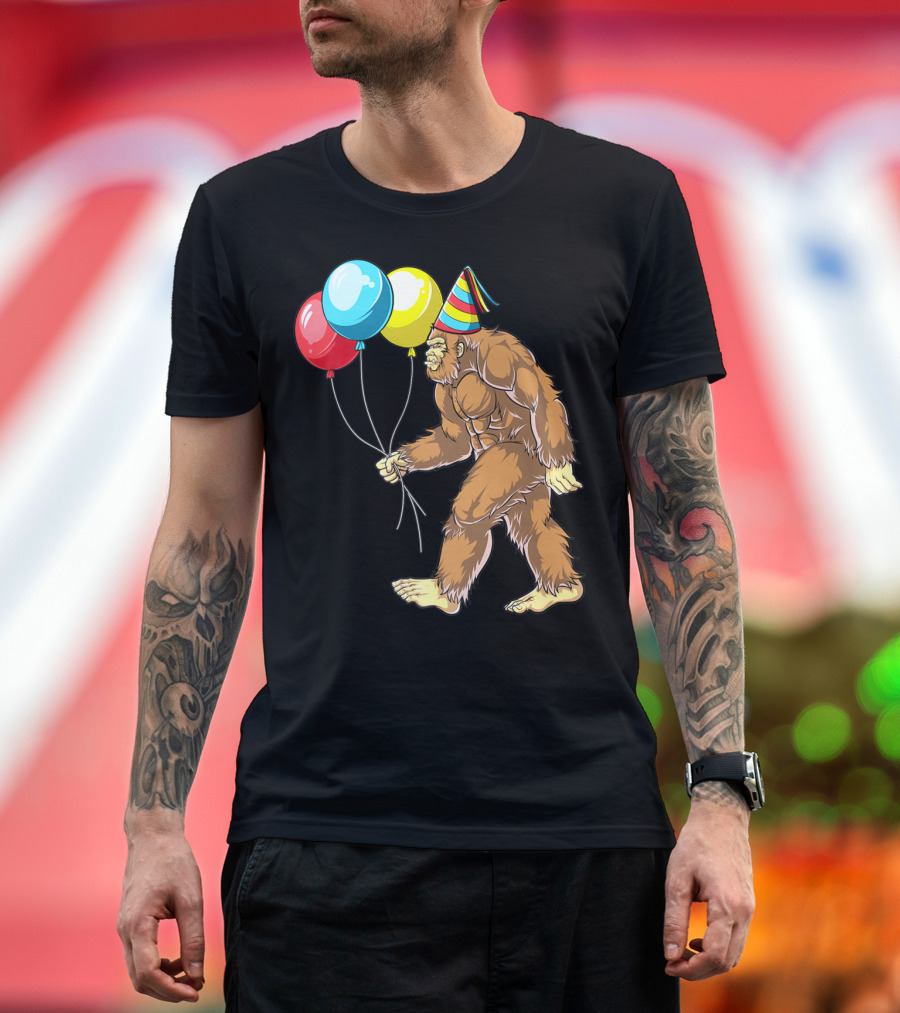 Bigfoot It's My Birthday Kids Boys Sasquatch Party with Balloons and Party Hat T-Shirt