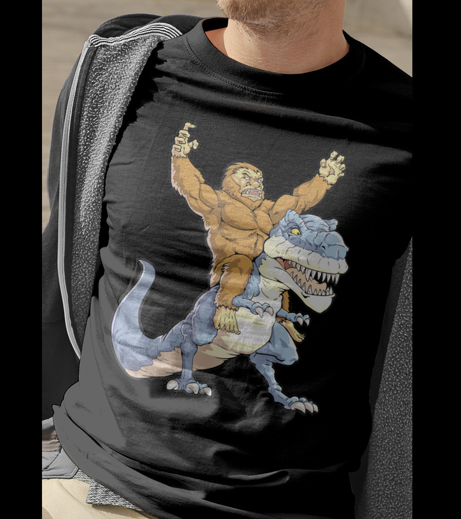 Bigfoot Sasquatch Riding Dinosaur Adventure T-Shirt