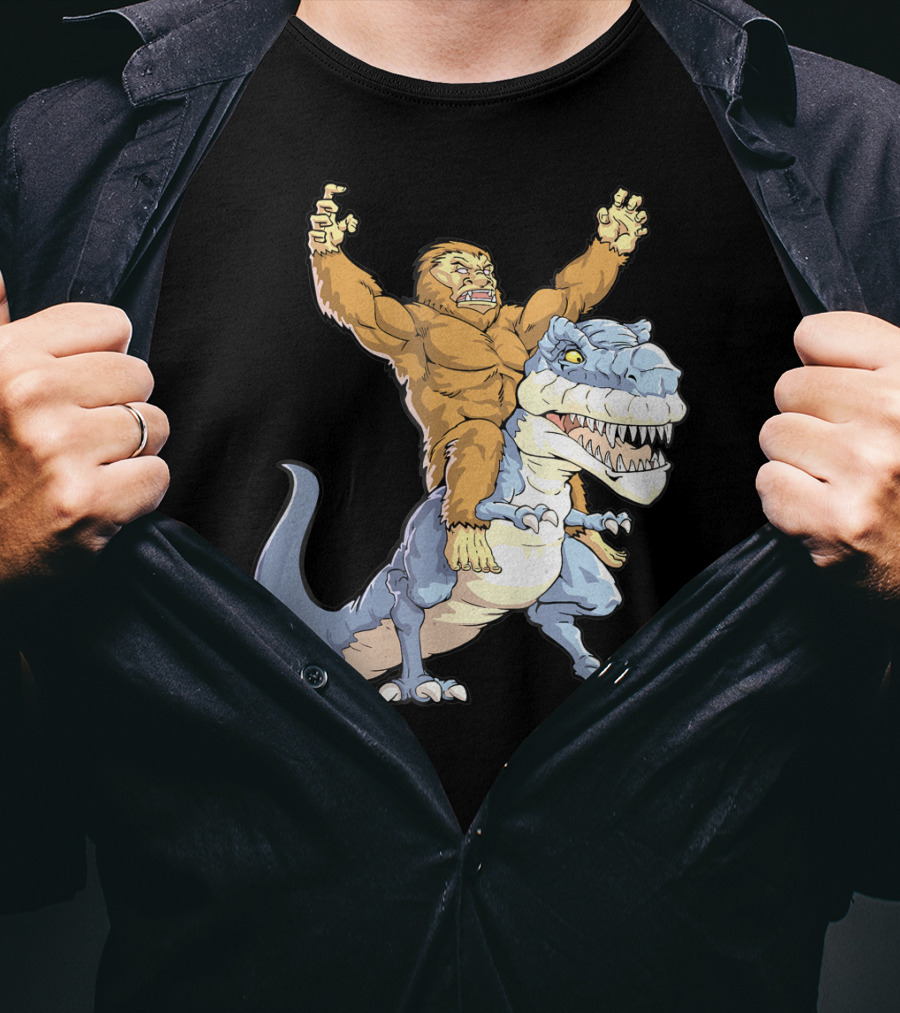 Bigfoot Sasquatch Riding Dinosaur Adventure T-Shirt