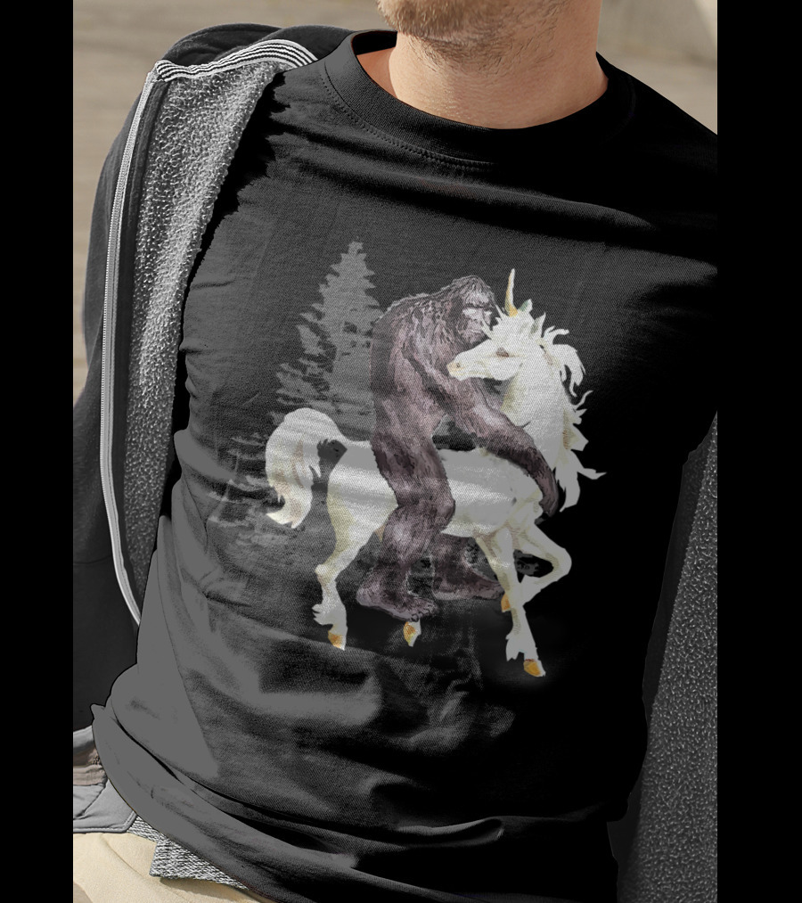 Bigfoot Sasquatch On A Unicorn In Mystical Forest Scene T-Shirt