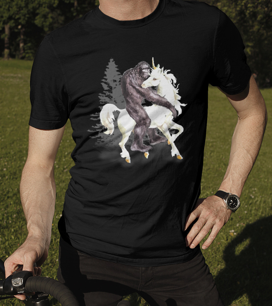Bigfoot Sasquatch On A Unicorn In Mystical Forest Scene T-Shirt