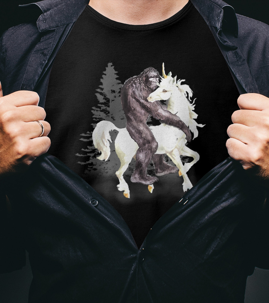 Bigfoot Sasquatch On A Unicorn In Mystical Forest Scene T-Shirt