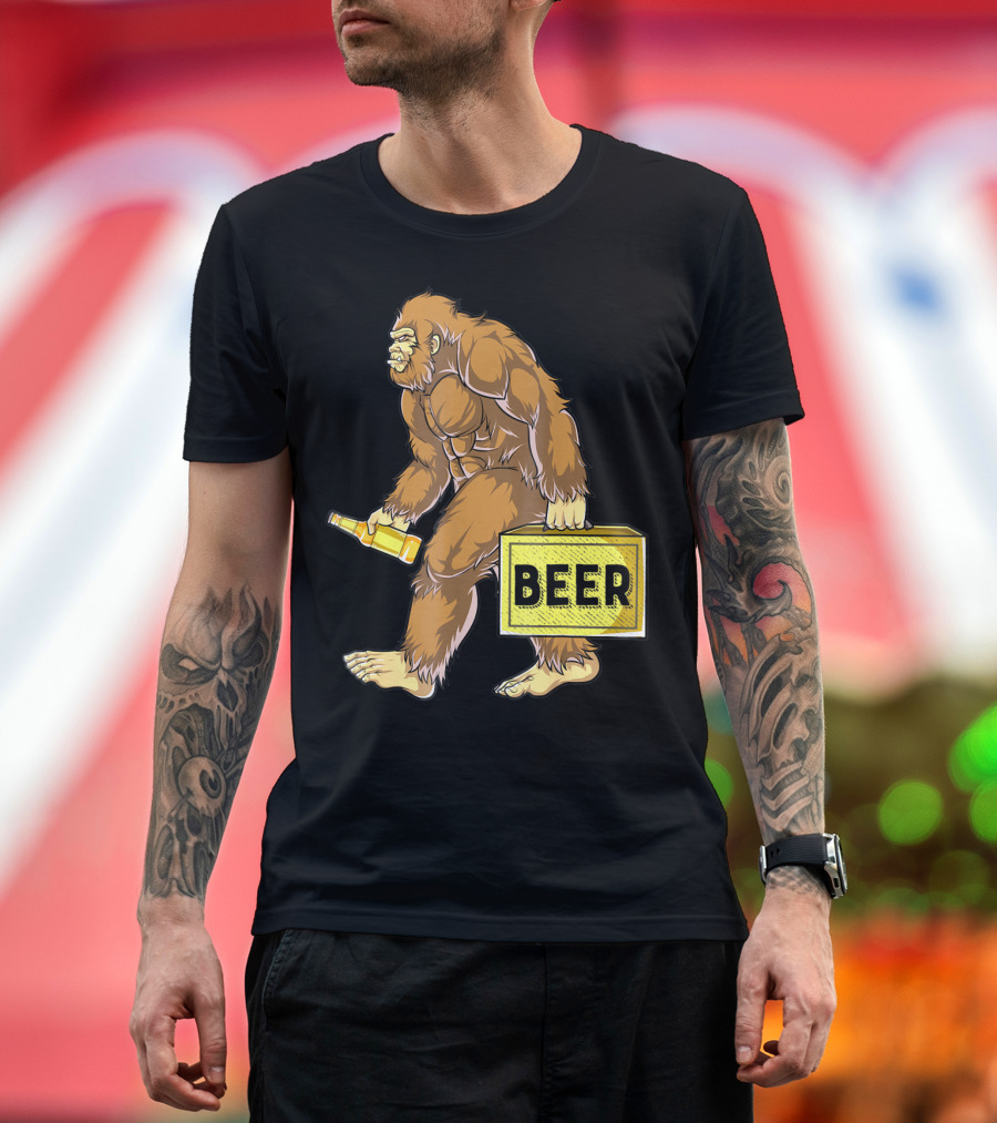 Bigfoot with Beer Funny Sasquatch Drinking Party Carrying Beer Box T-Shirt