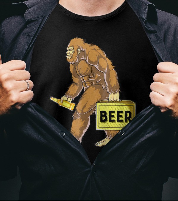 Bigfoot With Beer Funny Sasquatch Drinking Party Carrying Beer Box T-Shirt
