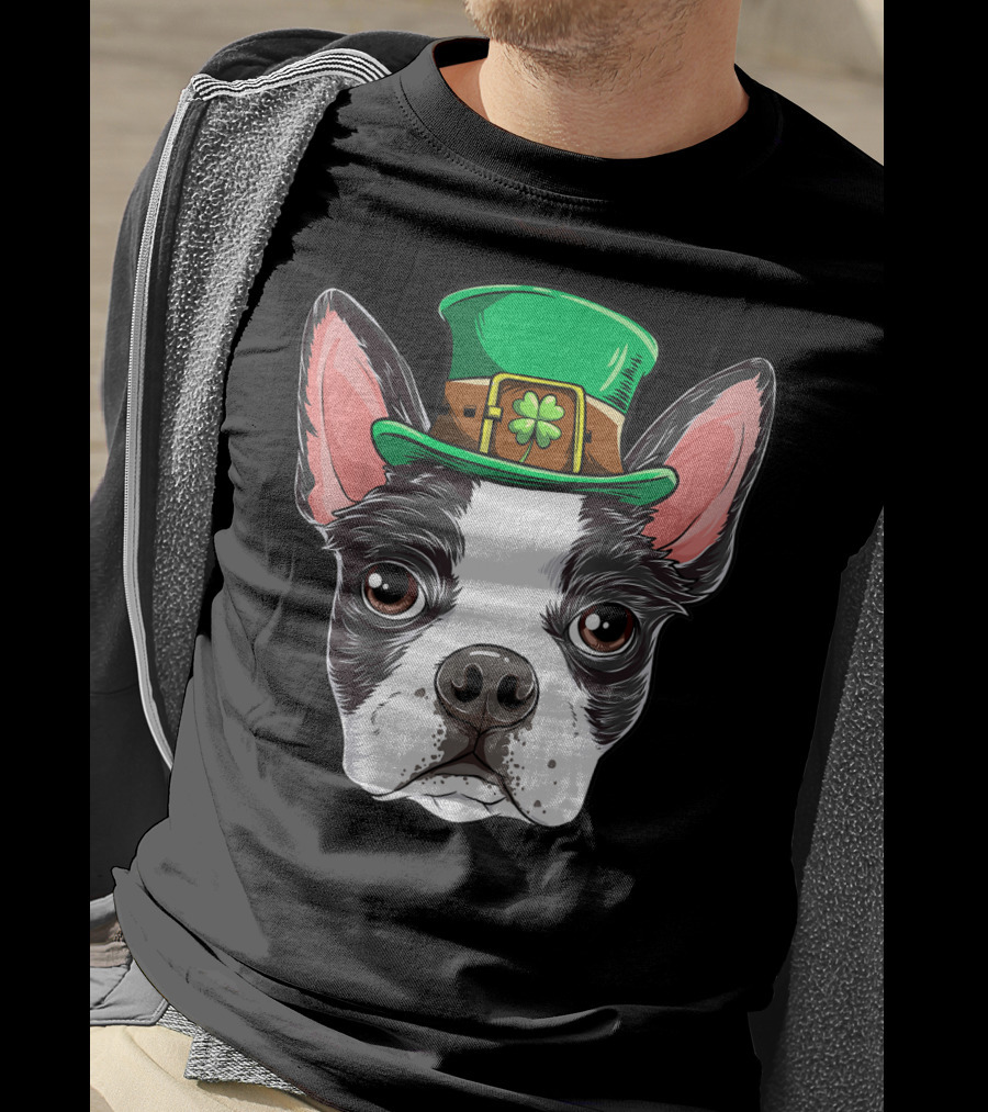 Boston Terrier St Patricks Day Leprechaun Dog With Green Hat T-Shirt
