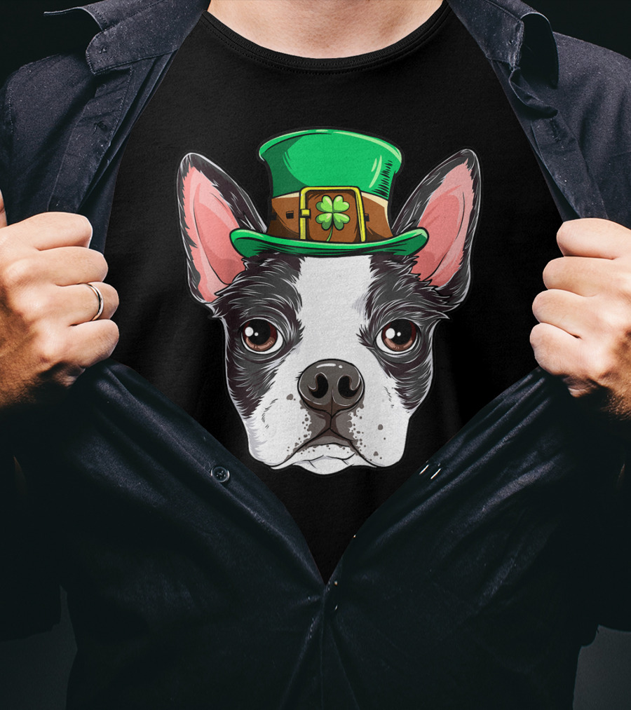 Boston Terrier St Patricks Day Leprechaun Dog With Green Hat T-Shirt