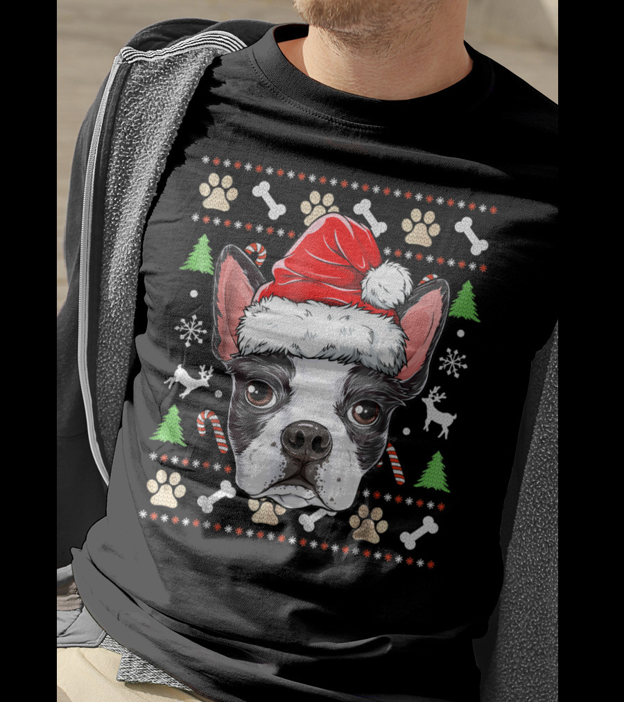 Boston Terrier Christmas Santa Hat Dog With Bones And Tree T-Shirt
