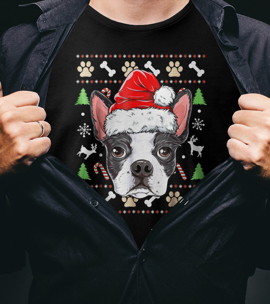 Boston Terrier Christmas Santa Hat Dog With Bones And Tree T-Shirt