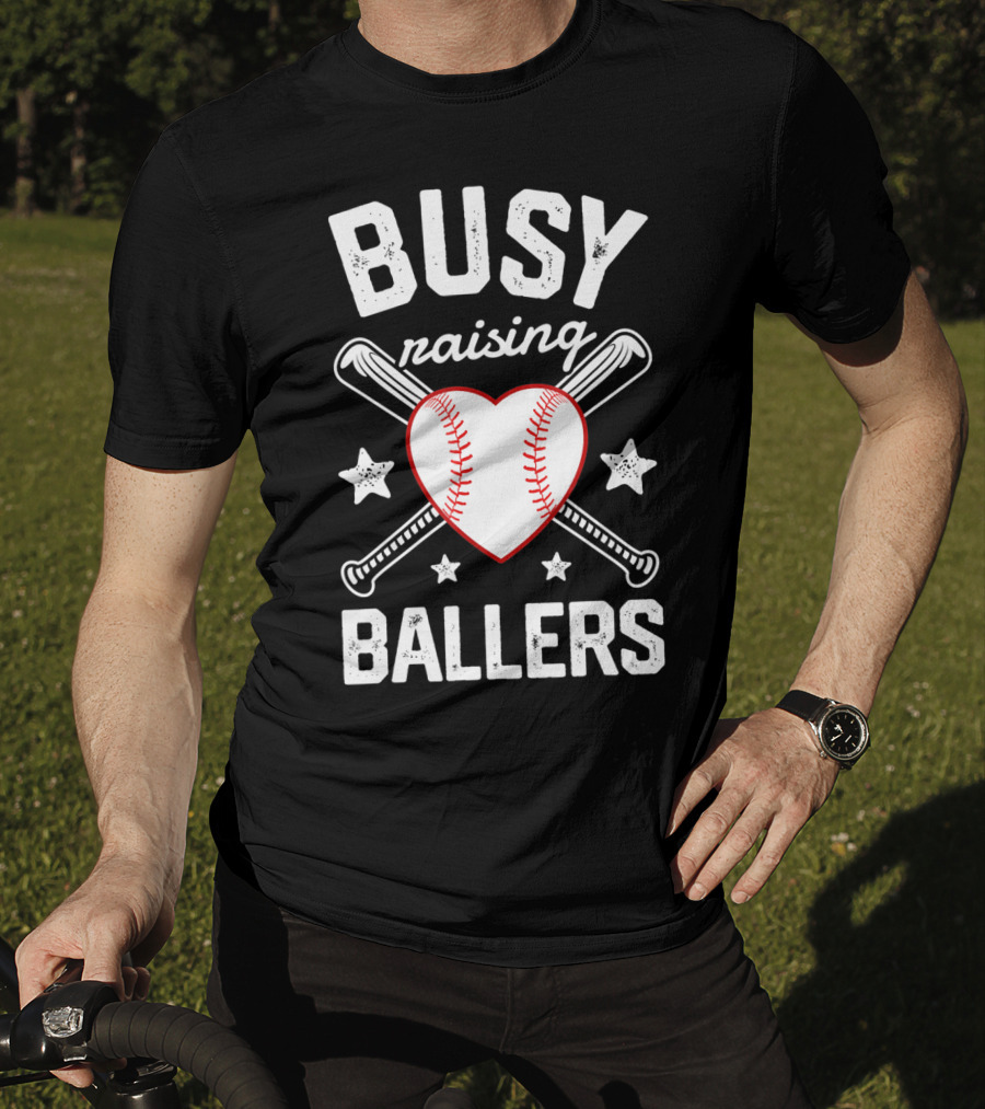 Busy Raising Ballers Heart Baseball And Bats With Stars T-Shirt