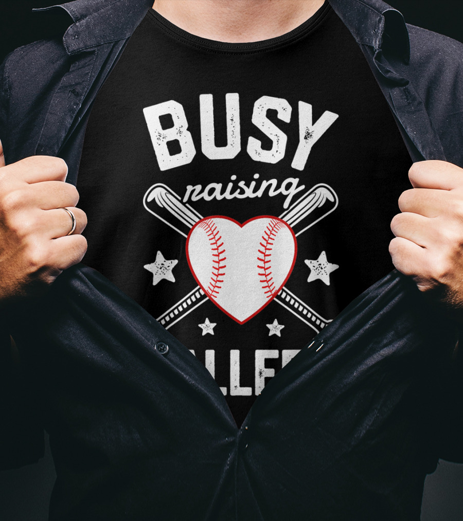 Busy Raising Ballers Heart Baseball And Bats With Stars T-Shirt