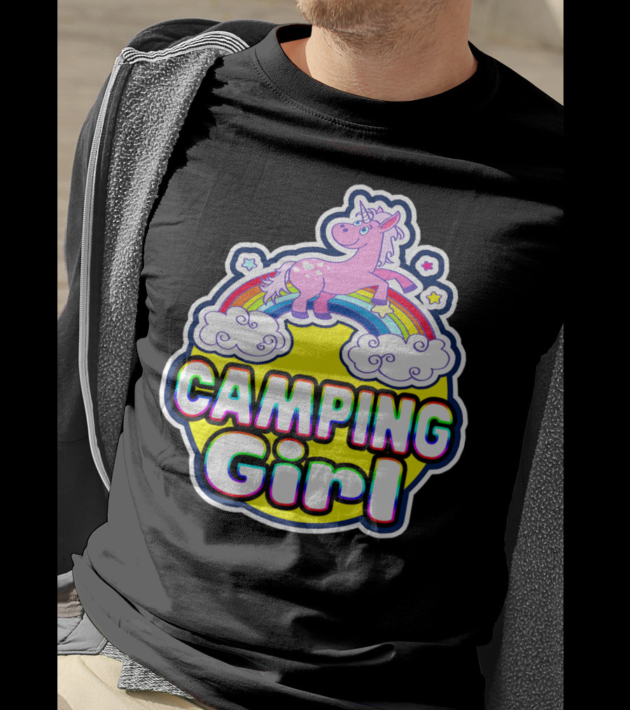 Camping Girl Rainbow Unicorn Cloud Adventure T-Shirt