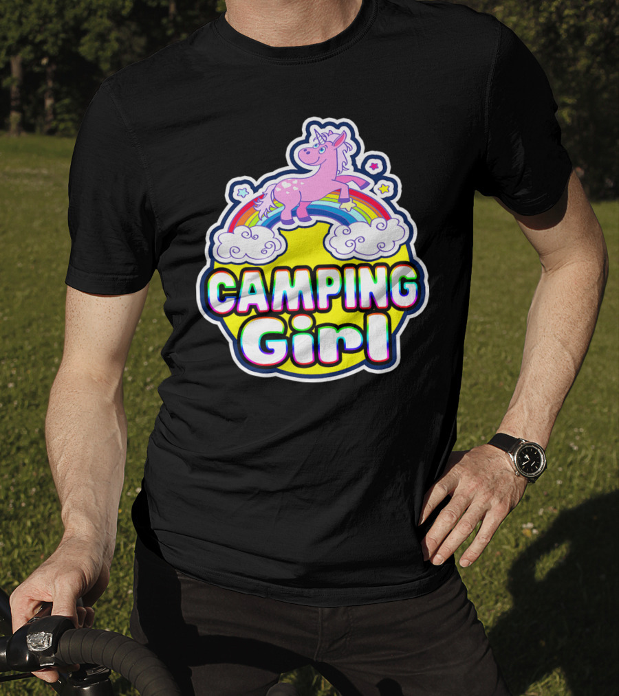 Camping Girl Rainbow Unicorn Cloud Adventure T-Shirt