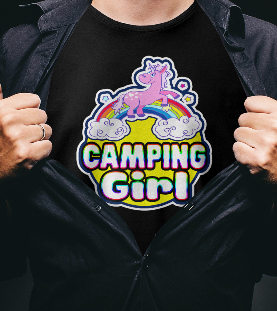 Camping Girl Rainbow Unicorn Cloud Adventure T-Shirt