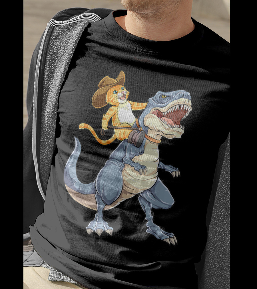 Cat In Cowboy Hat Riding Dinosaur Rex Purrassic Kitty Dino T-Shirt