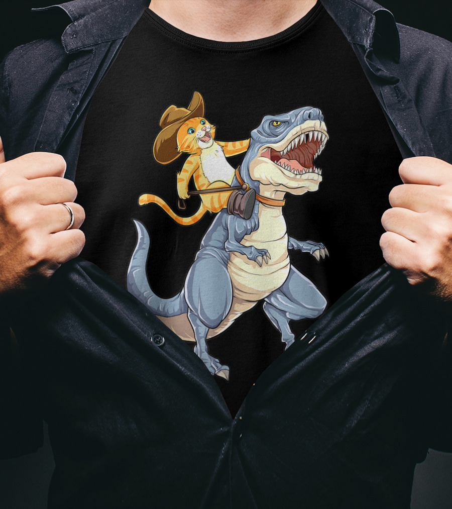 Cat In Cowboy Hat Riding Dinosaur Rex Purrassic Kitty Dino T-Shirt