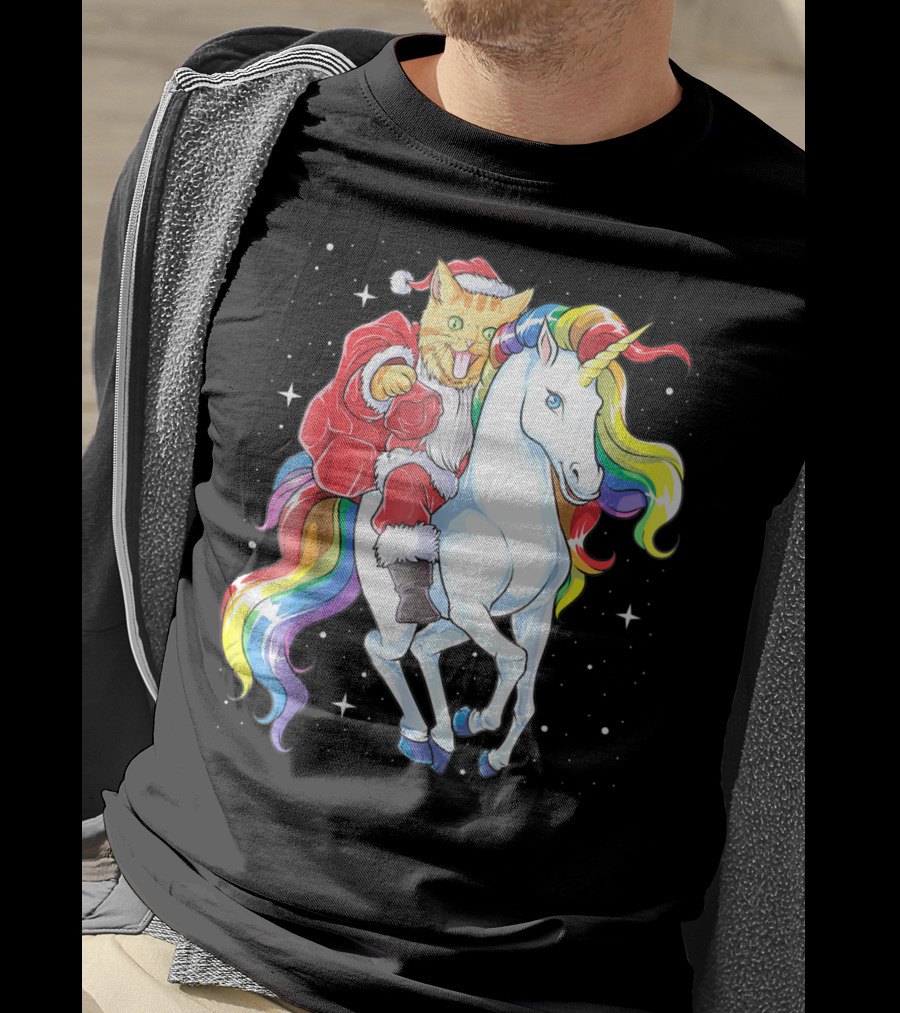 Meowy Cat Santa Riding Rainbow Unicorn Christmas Girls Women T-Shirt