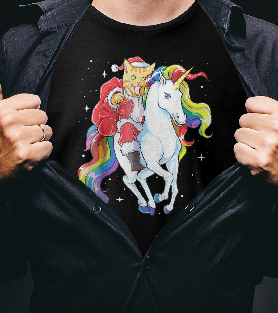 Meowy Cat Santa Riding Rainbow Unicorn Christmas Girls Women T-Shirt