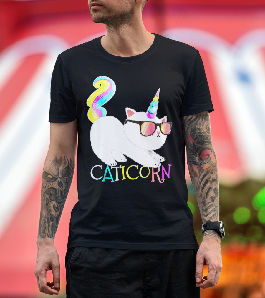 Caticorn Rainbow Unicorn Cat Girls Sunglasses Colorful Mane T-Shirt
