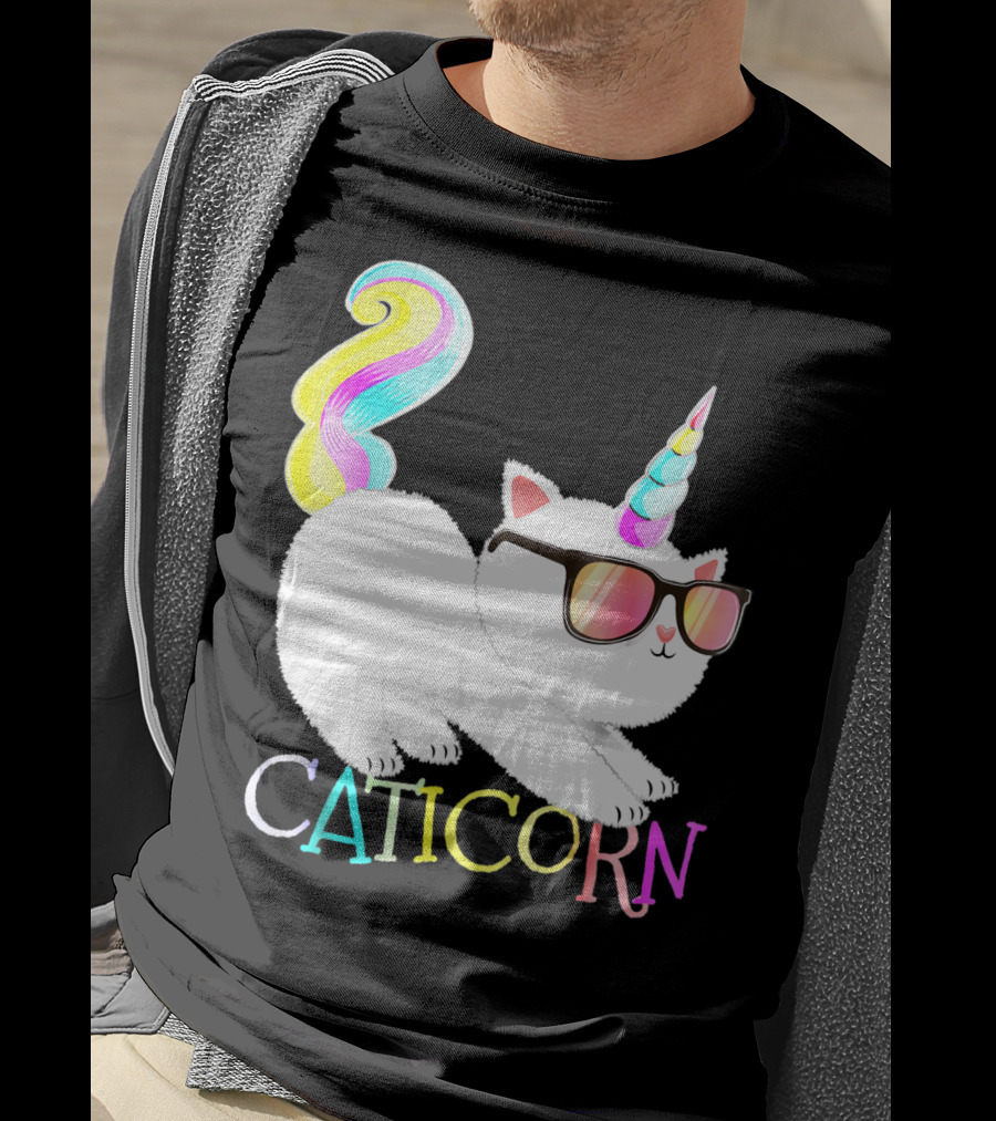 Caticorn Rainbow Unicorn Cat Girls Sunglasses Colorful Mane T-Shirt