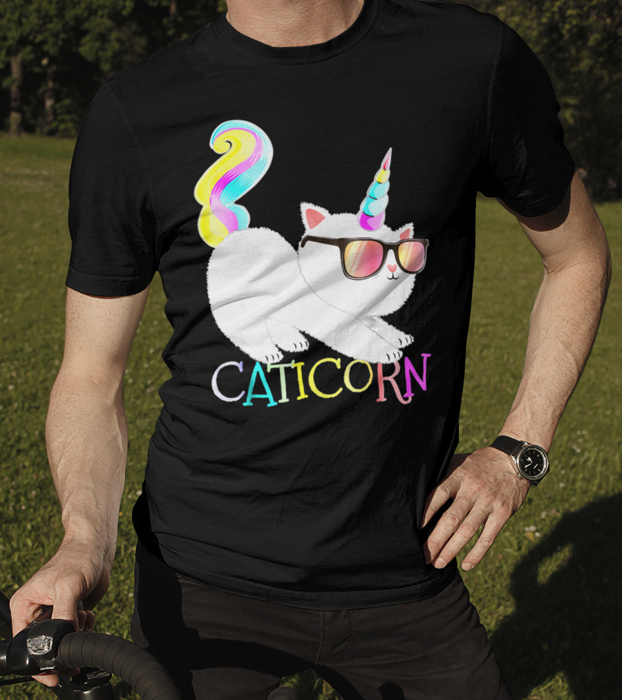 Caticorn Rainbow Unicorn Cat Girls Sunglasses Colorful Mane T-Shirt